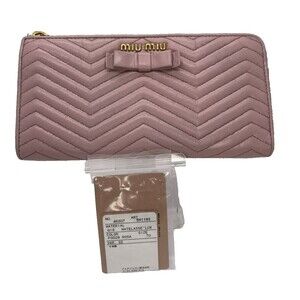 MIU MIU Pink Leather Logo Ribbon V Stitch Long Zippy Wallet Authentic /29